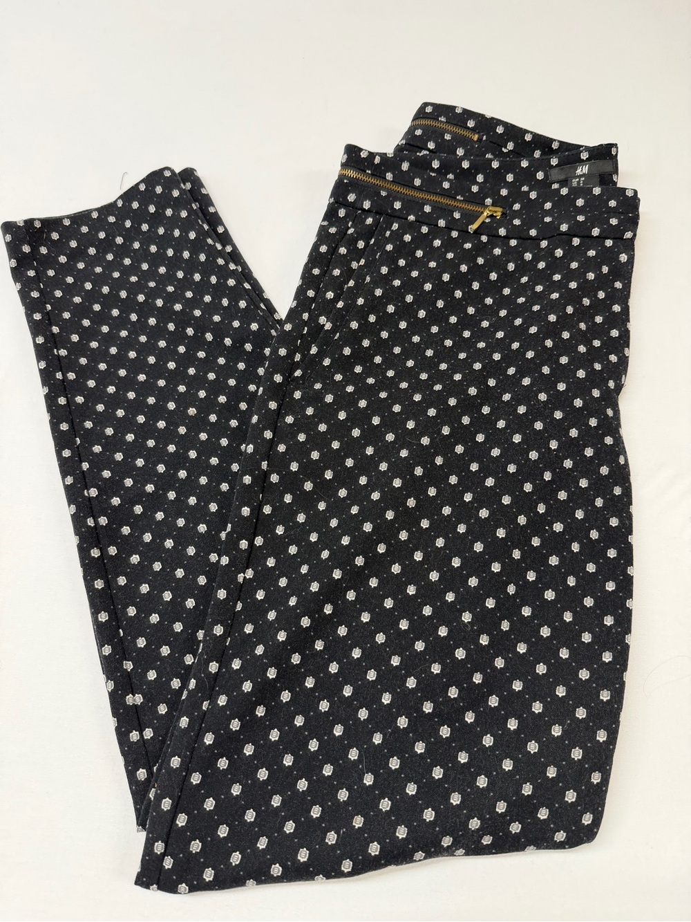 H&M Black Polka Dot Straight-Leg Pants with Gold Zipper Accent 1793